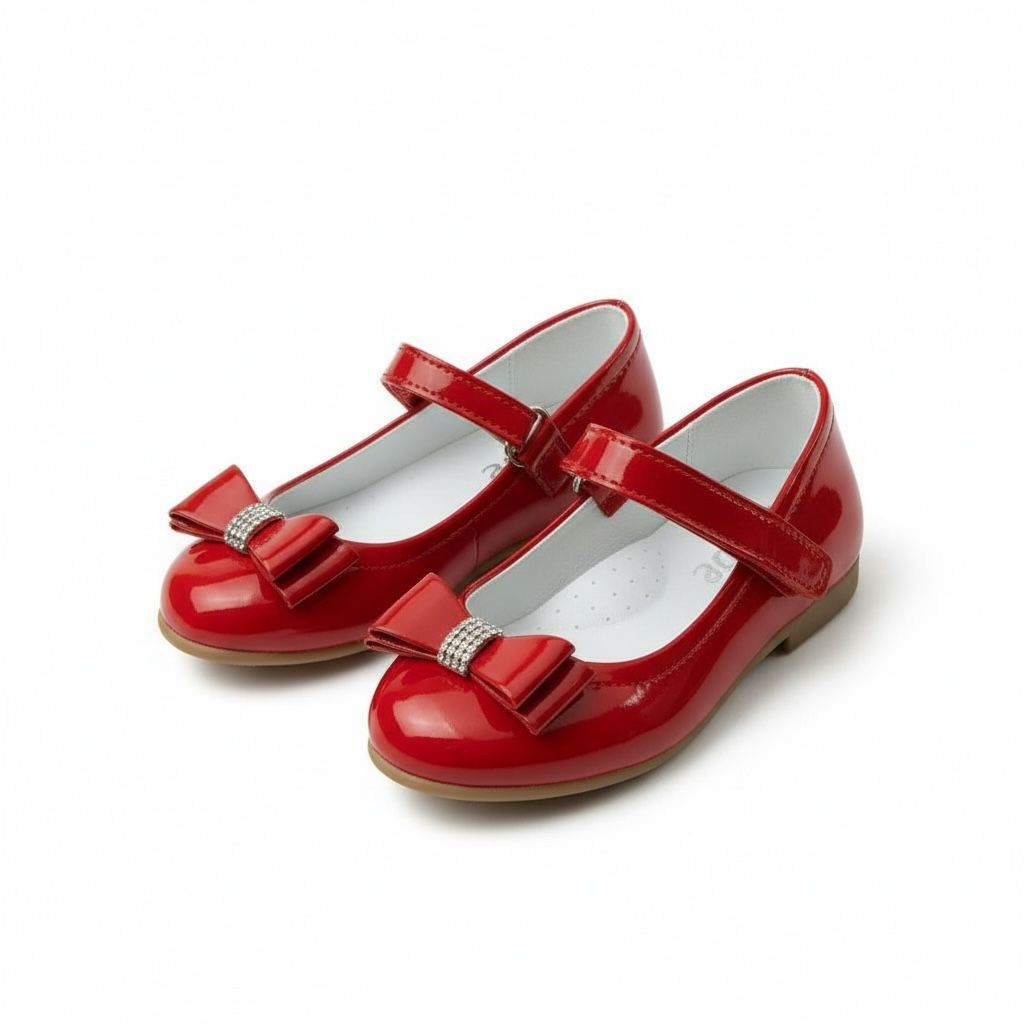 Kız Çocuk Kırmızı Fiyonklu Ayakkabı  Bilekten Cırtlı, Rugan Özel Gün Ayakkabısı