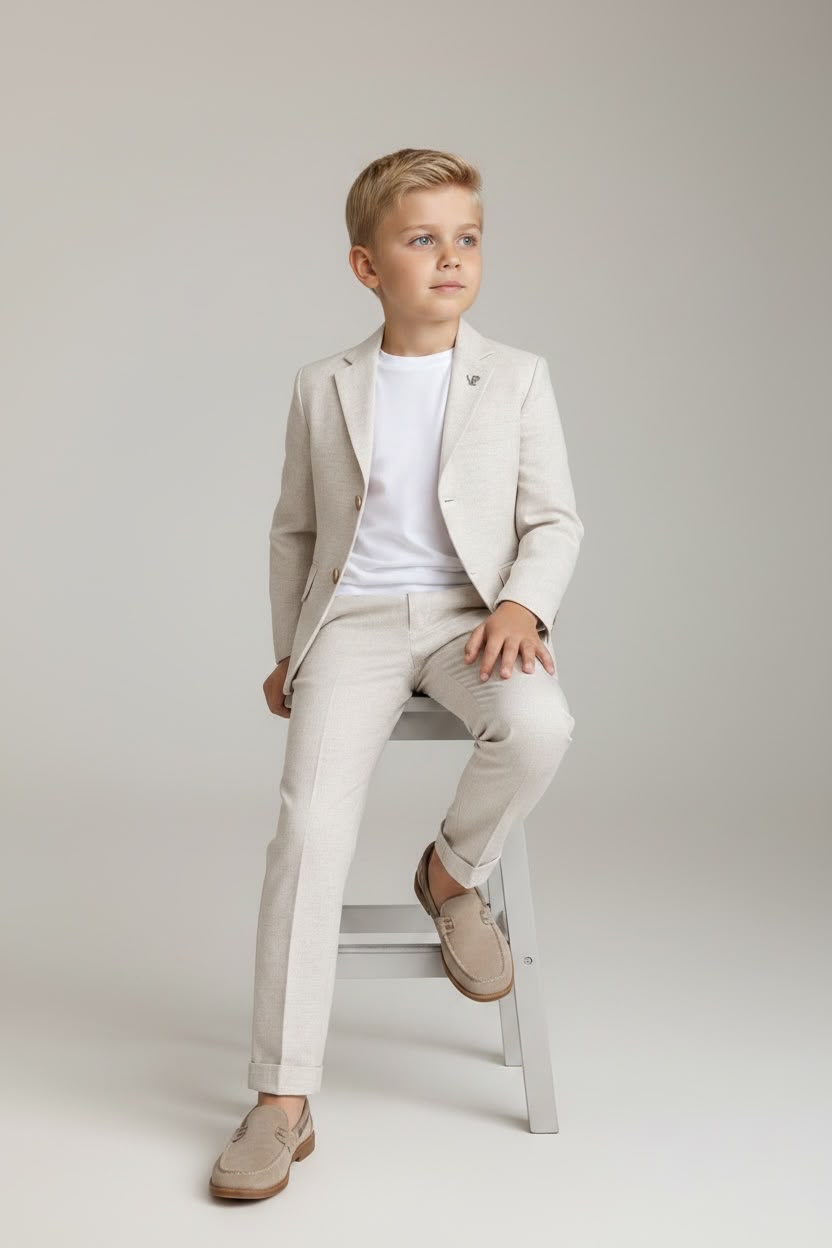 Bej Renkli Keten Çocuk Takım Elbise – Aslı Türkoğlu Kids Atelier