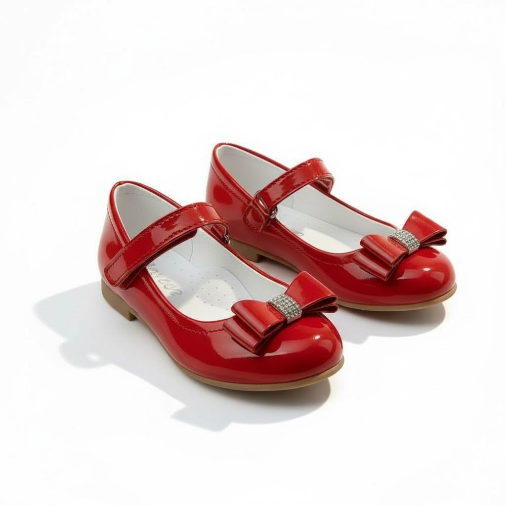 Kız Çocuk Kırmızı Fiyonklu Ayakkabı  Bilekten Cırtlı, Rugan Özel Gün Ayakkabısı
