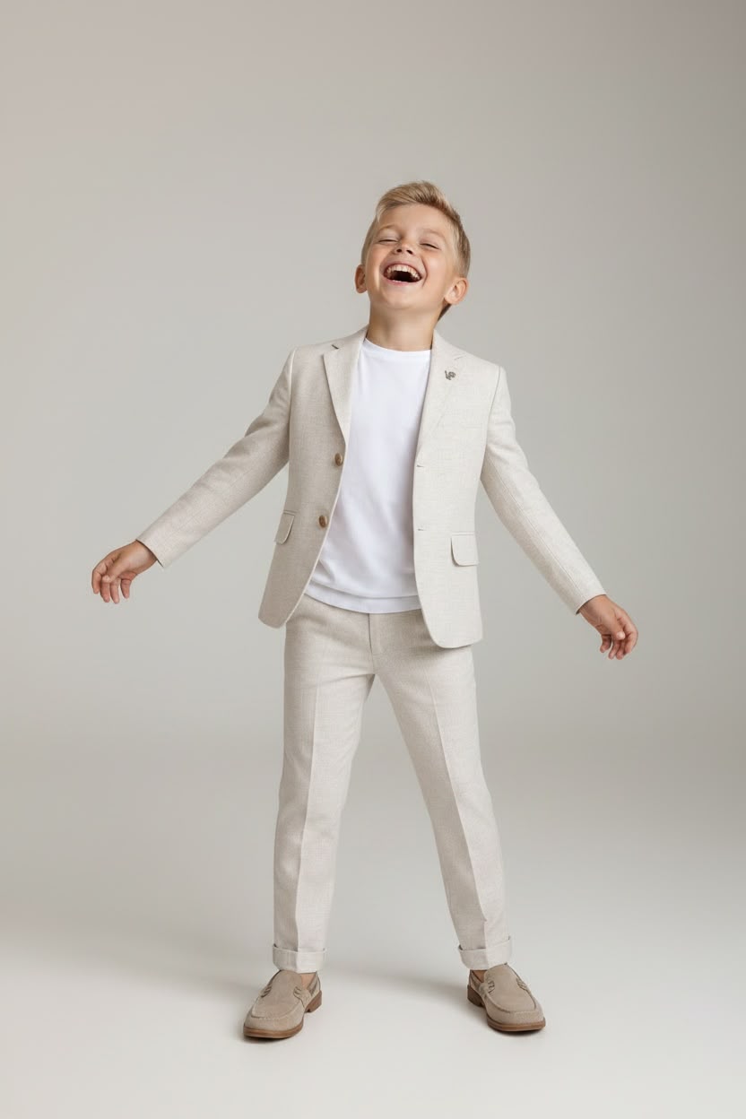 Bej Renkli Keten Çocuk Takım Elbise – Aslı Türkoğlu Kids Atelier