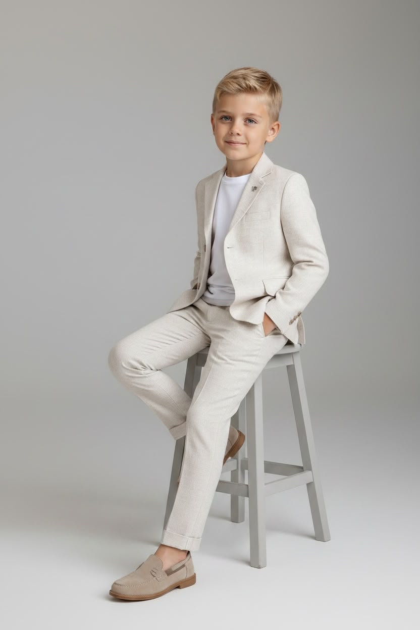 Bej Renkli Keten Çocuk Takım Elbise – Aslı Türkoğlu Kids Atelier