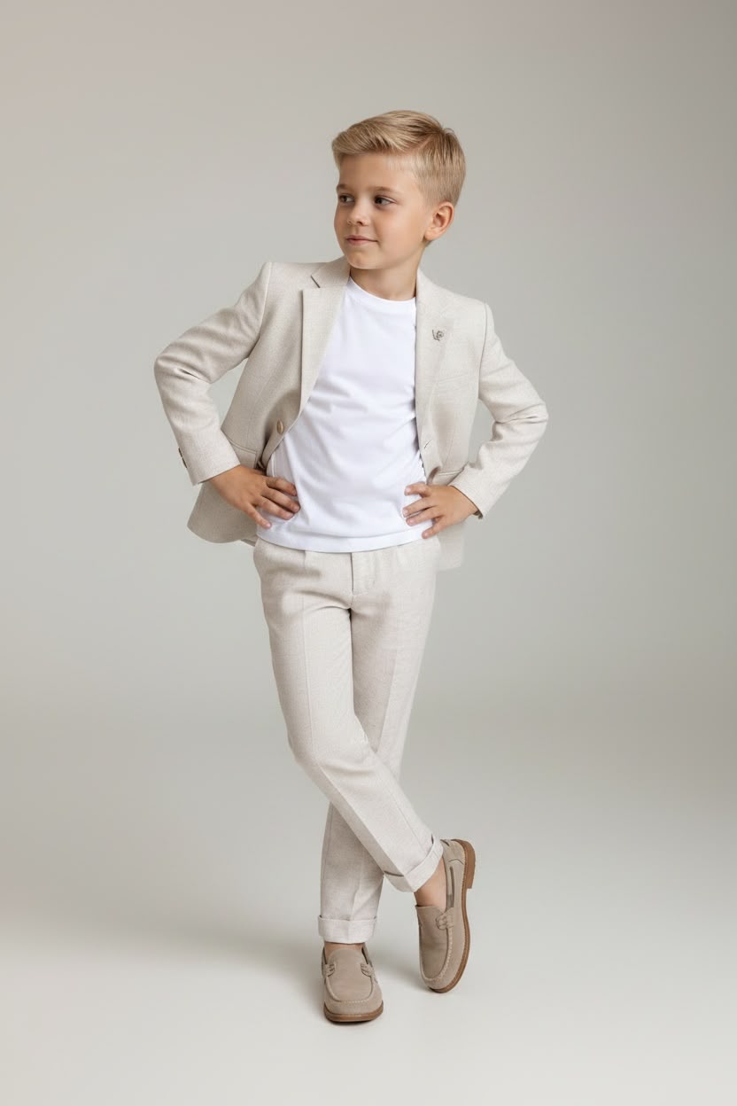 Bej Renkli Keten Çocuk Takım Elbise – Aslı Türkoğlu Kids Atelier