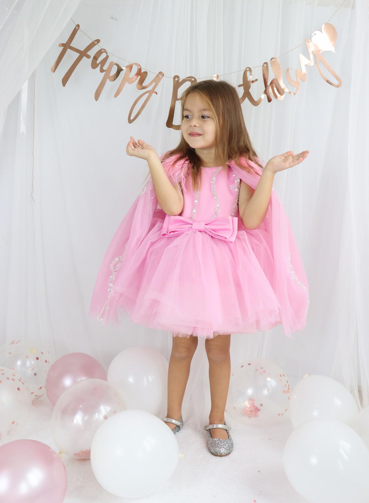 Pembe Tül Payetli Kız Çocuk Abiye 1–10 Yaş Doğum Günü Elbisesi