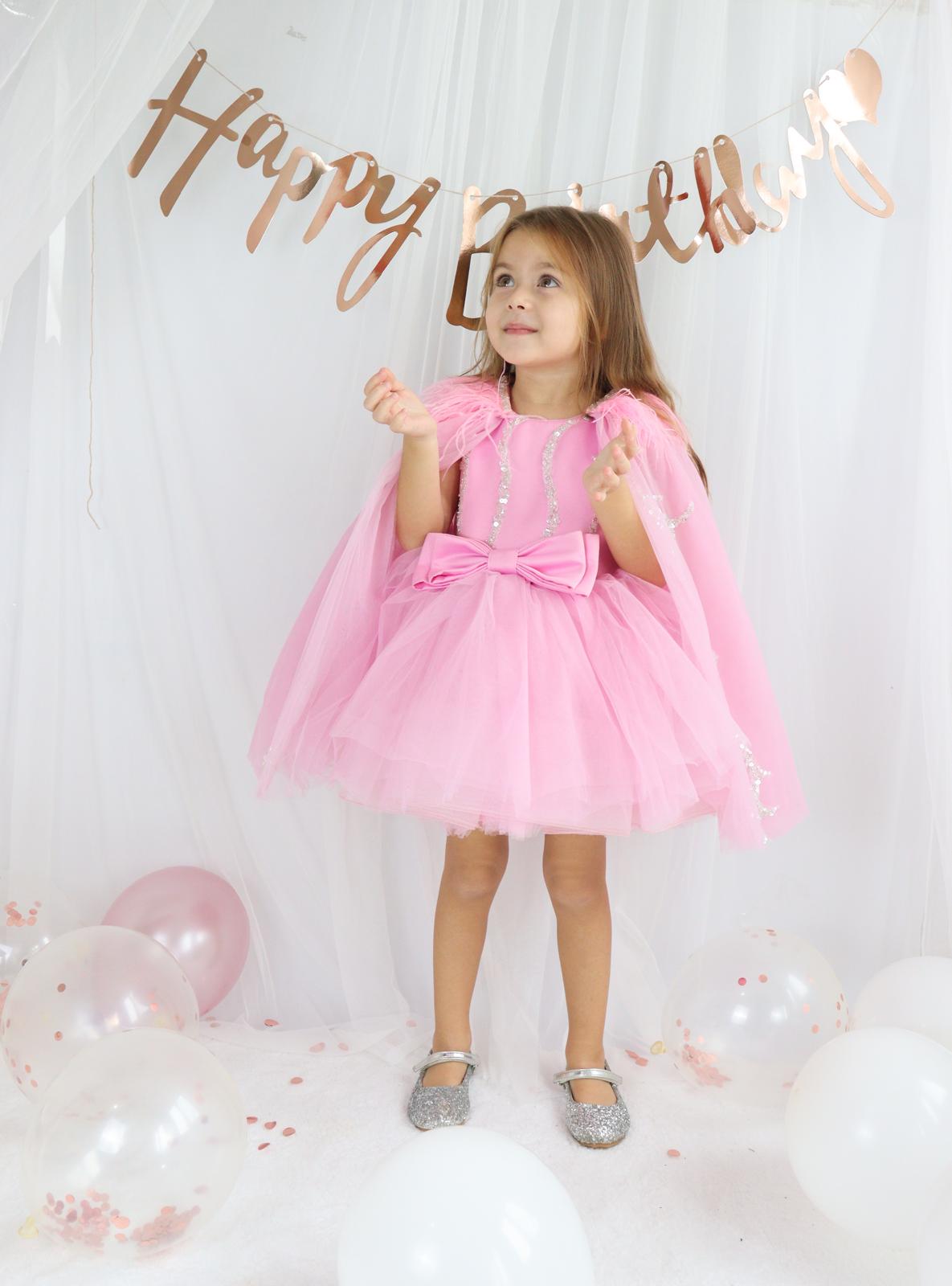 Pembe Tül Payetli Kız Çocuk Abiye 1–10 Yaş Doğum Günü Elbisesi