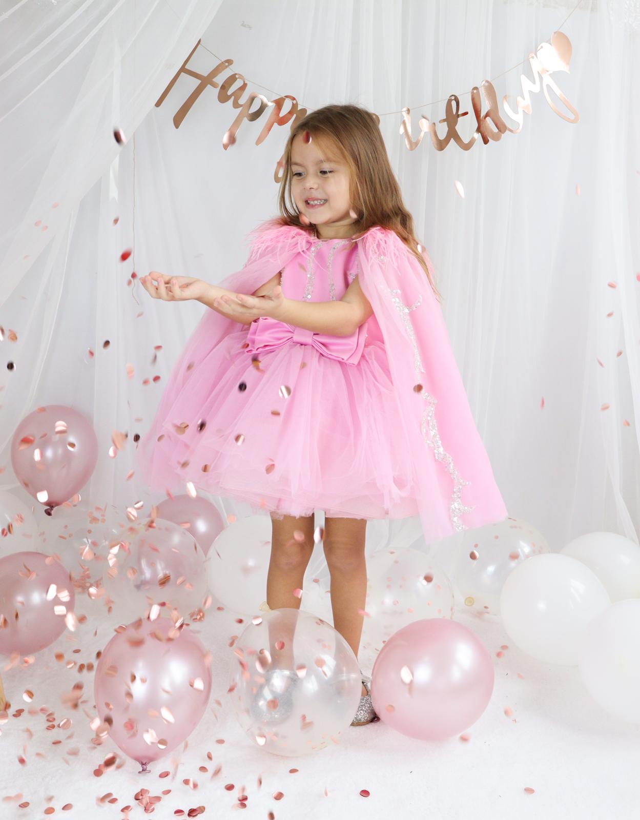 Pembe Tül Payetli Kız Çocuk Abiye 1–10 Yaş Doğum Günü Elbisesi