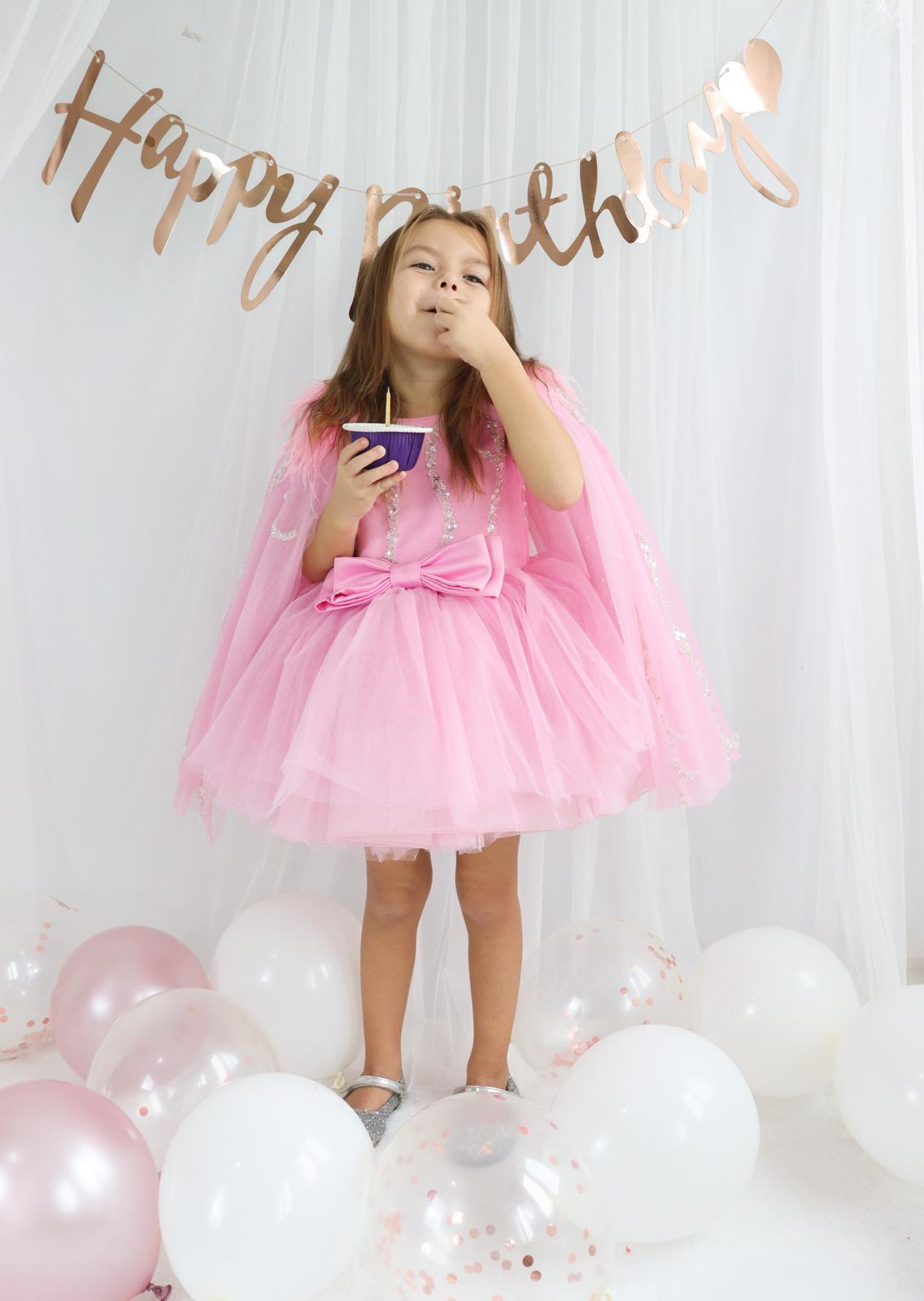 Pembe Tül Payetli Kız Çocuk Abiye 1–10 Yaş Doğum Günü Elbisesi