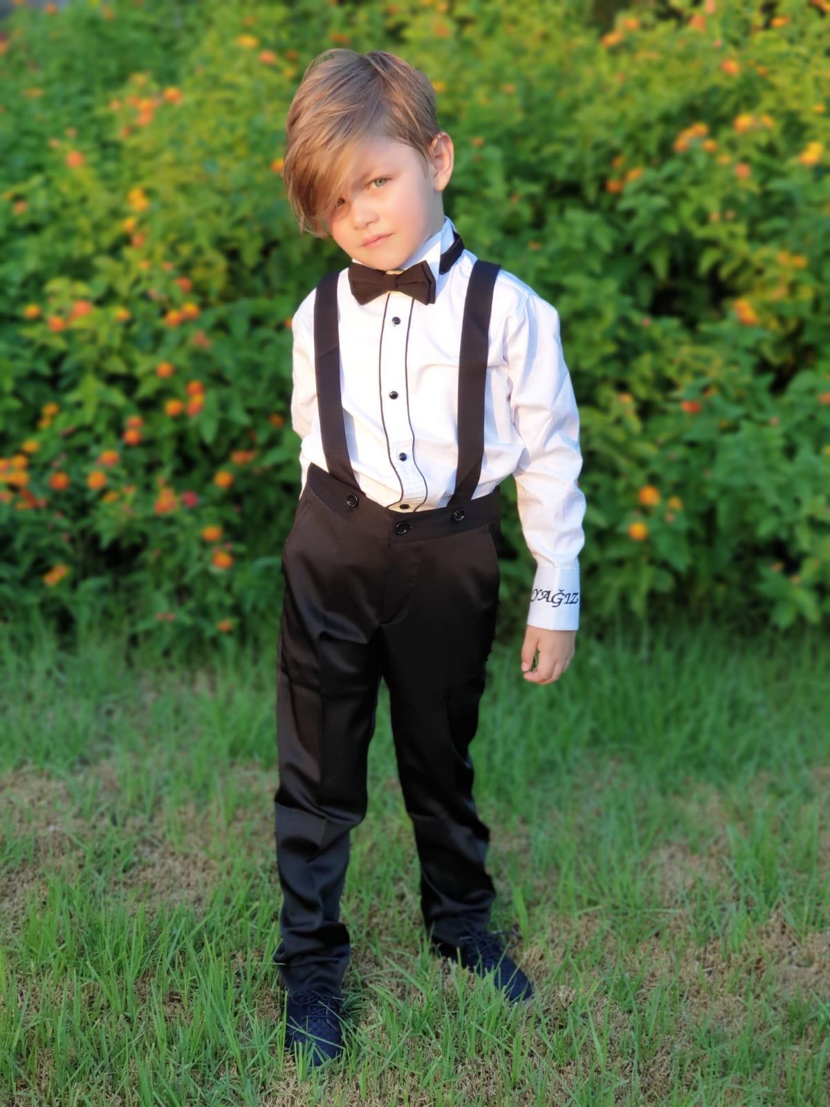 Erkek Çocuk Siyah Askılı Takım – Gömlek, Pantolon ve Papyon Seti (1–10 Yaş)