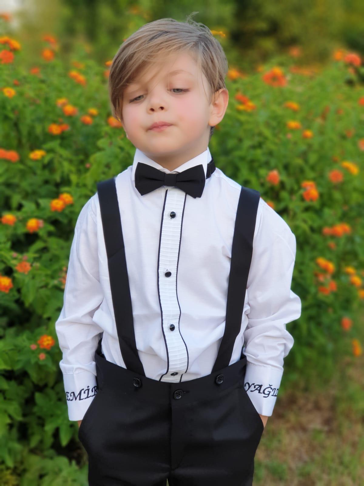 Erkek Çocuk Siyah Askılı Takım – Gömlek, Pantolon ve Papyon Seti (1–10 Yaş)