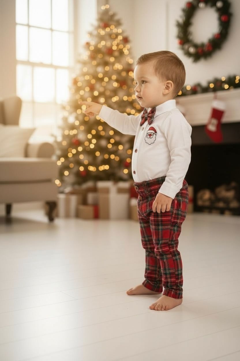 Yılbaşı Erkek Bebek Takım Noel Baba Nakışlı Gömlek & Ekose Pantolon & Papyon