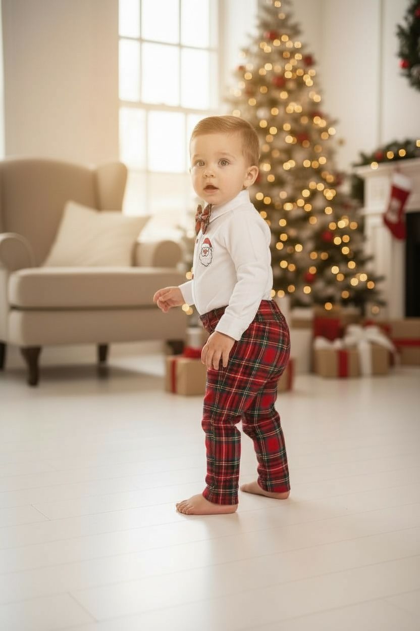 Yılbaşı Erkek Bebek Takım Noel Baba Nakışlı Gömlek & Ekose Pantolon & Papyon