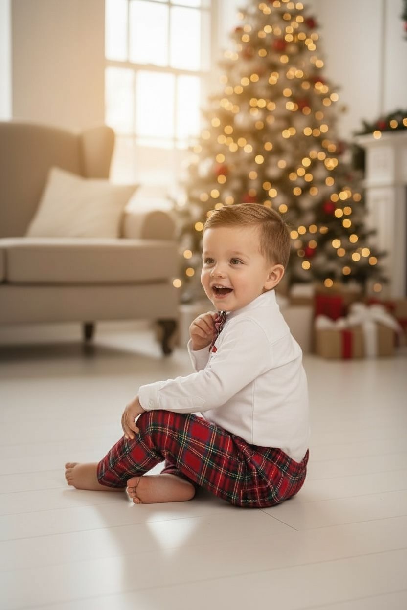 Yılbaşı Erkek Bebek Takım Noel Baba Nakışlı Gömlek & Ekose Pantolon & Papyon