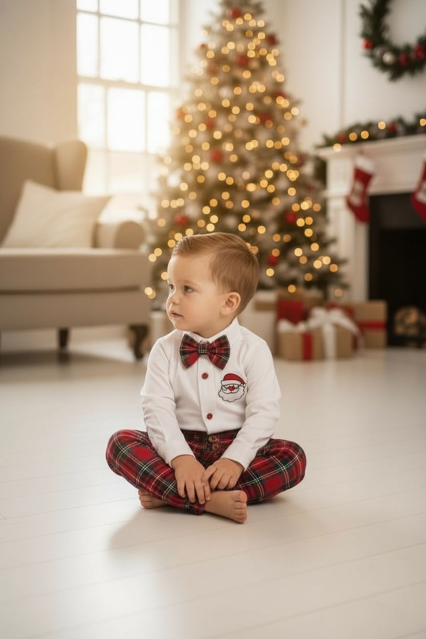 Yılbaşı Erkek Bebek Takım Noel Baba Nakışlı Gömlek & Ekose Pantolon & Papyon