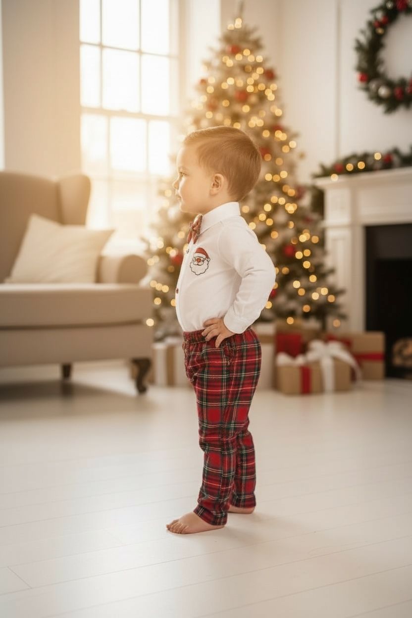 Yılbaşı Erkek Bebek Takım Noel Baba Nakışlı Gömlek & Ekose Pantolon & Papyon