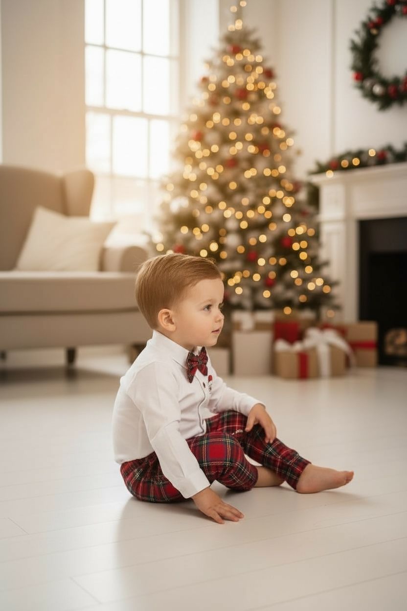 Yılbaşı Erkek Bebek Takım Noel Baba Nakışlı Gömlek & Ekose Pantolon & Papyon