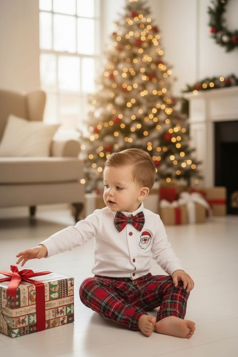 Yılbaşı Erkek Bebek Takım Noel Baba Nakışlı Gömlek & Ekose Pantolon & Papyon