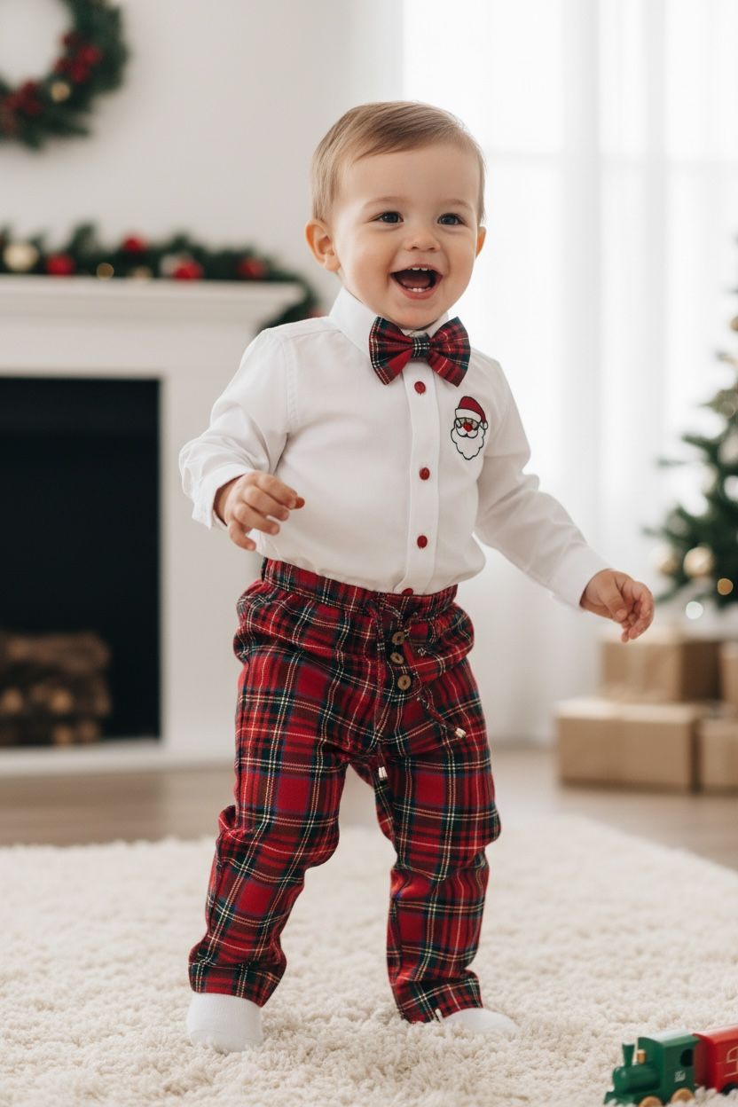 Yılbaşı Erkek Bebek Takım Noel Baba Nakışlı Gömlek & Ekose Pantolon & Papyon