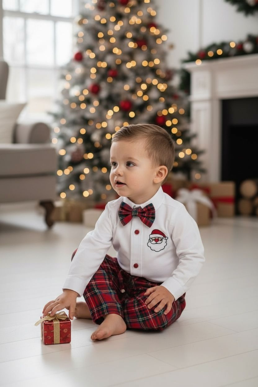 Yılbaşı Erkek Bebek Takım Noel Baba Nakışlı Gömlek & Ekose Pantolon & Papyon