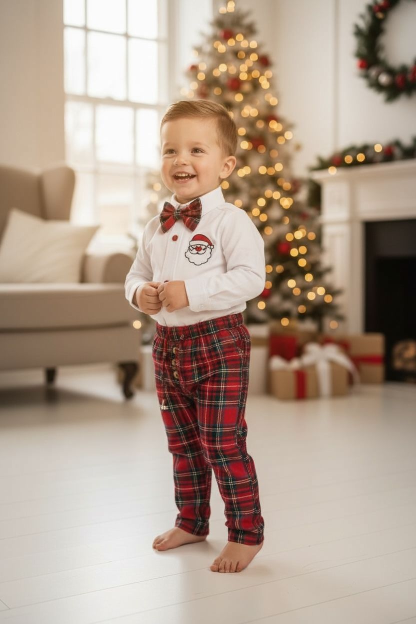 Yılbaşı Erkek Bebek Takım Noel Baba Nakışlı Gömlek & Ekose Pantolon & Papyon