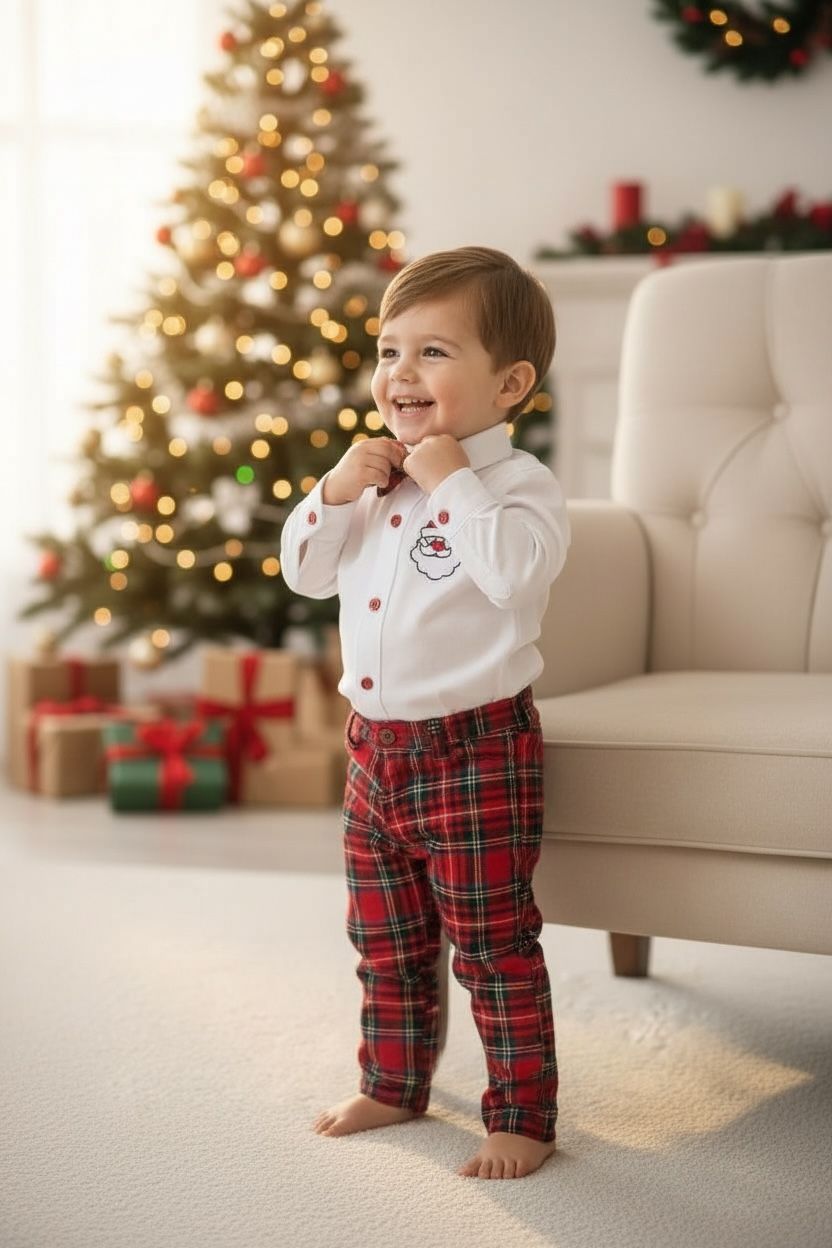 Yılbaşı Erkek Bebek Takım Noel Baba Nakışlı Gömlek & Ekose Pantolon & Papyon