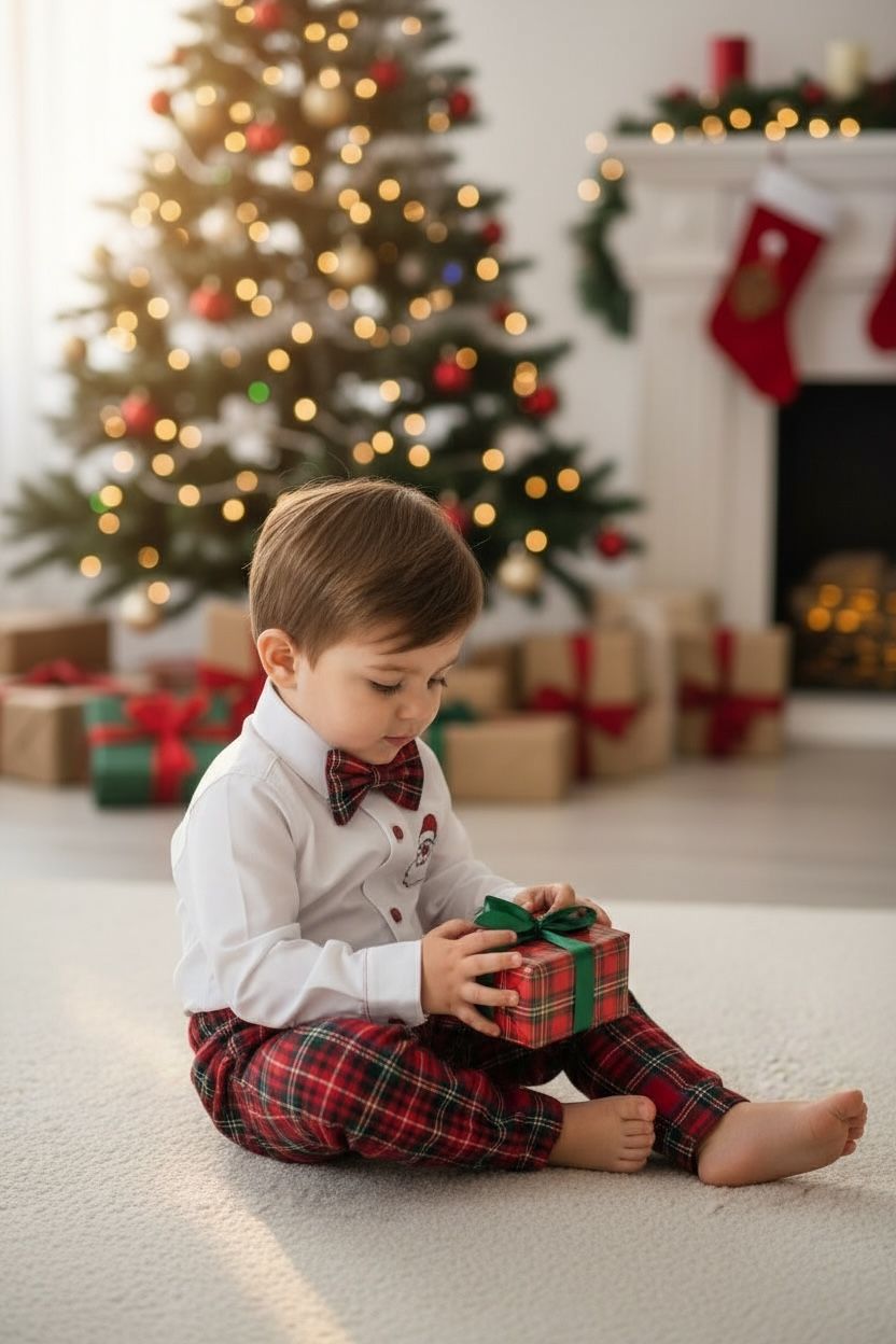 Yılbaşı Erkek Bebek Takım Noel Baba Nakışlı Gömlek & Ekose Pantolon & Papyon