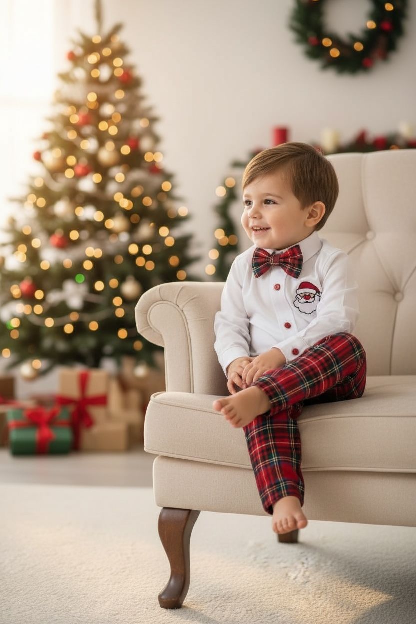 Yılbaşı Erkek Bebek Takım Noel Baba Nakışlı Gömlek & Ekose Pantolon & Papyon