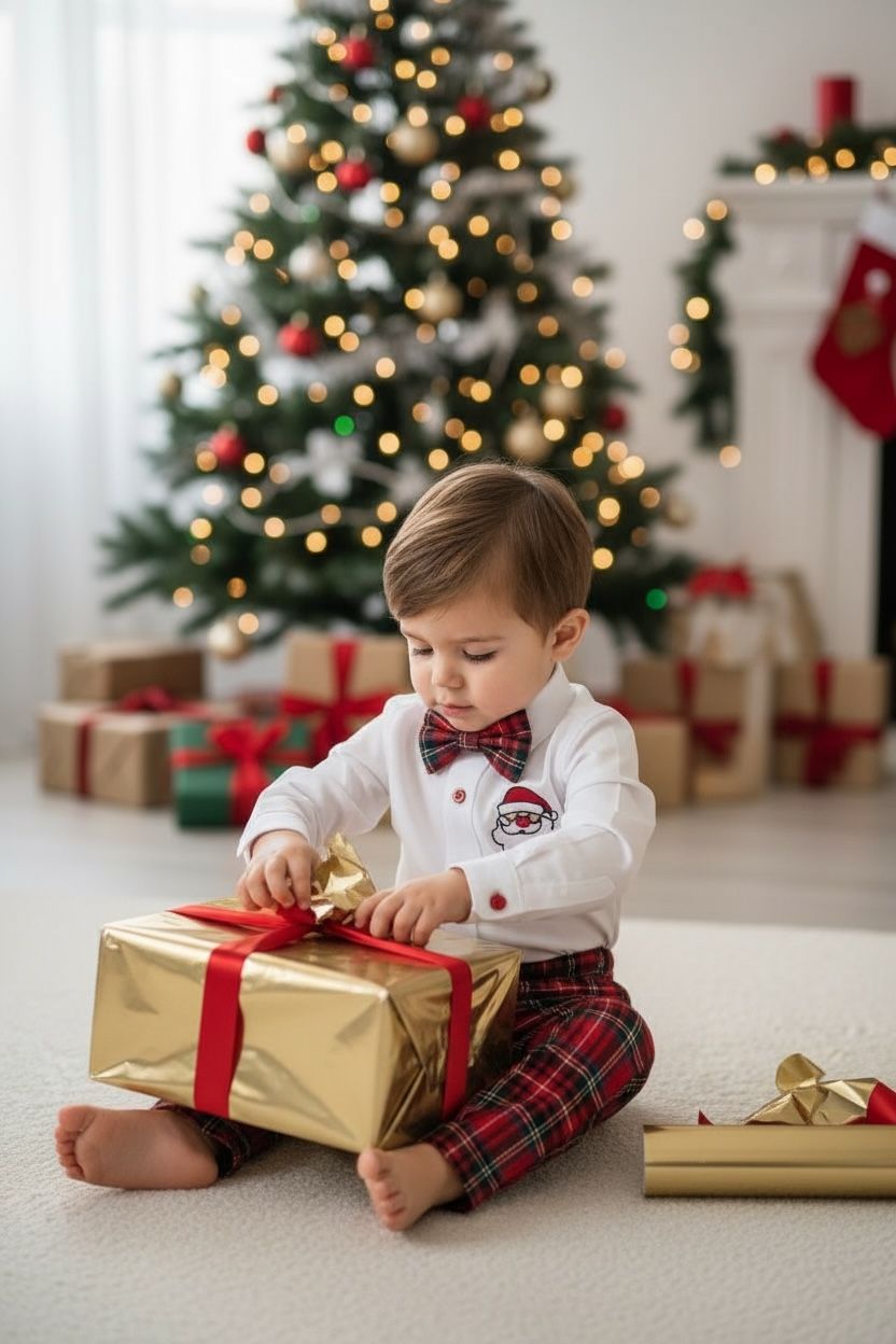 Yılbaşı Erkek Bebek Takım Noel Baba Nakışlı Gömlek & Ekose Pantolon & Papyon