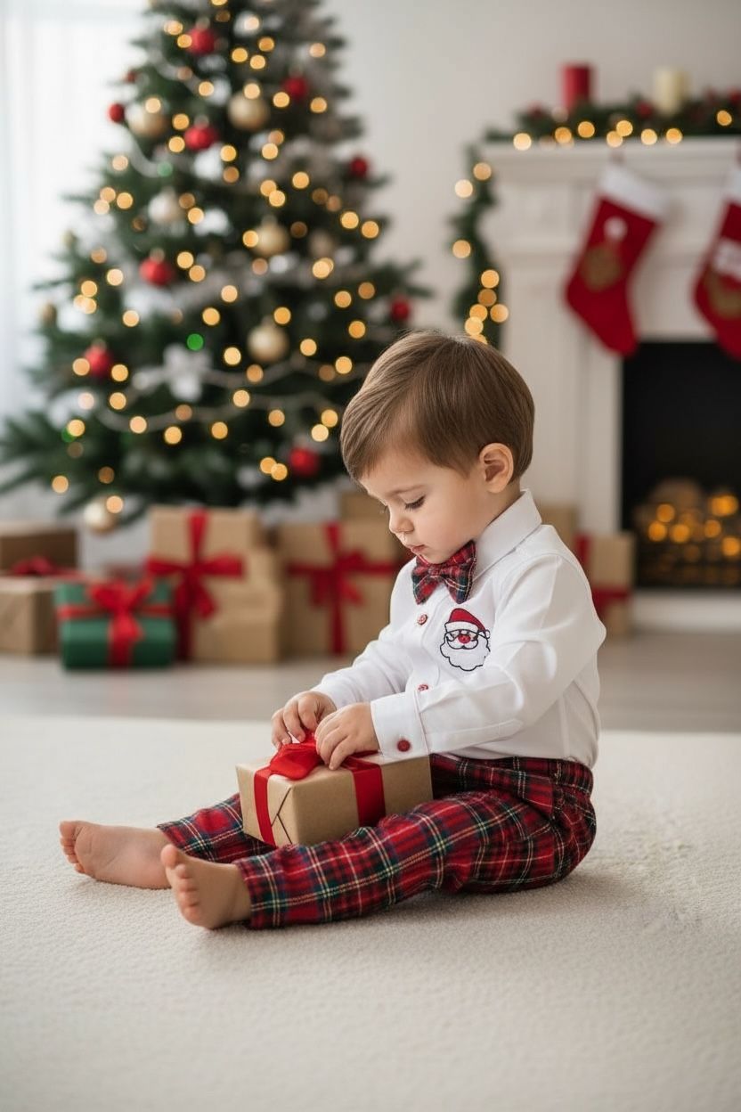 Yılbaşı Erkek Bebek Takım Noel Baba Nakışlı Gömlek & Ekose Pantolon & Papyon