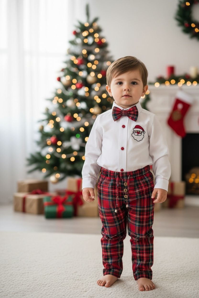 Yılbaşı Erkek Bebek Takım Noel Baba Nakışlı Gömlek & Ekose Pantolon & Papyon