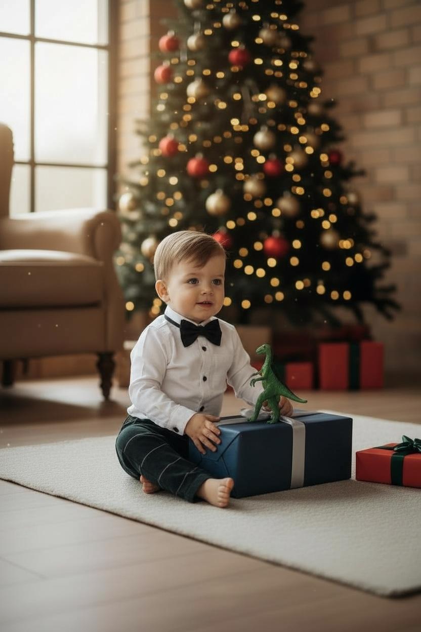 Yeni Yıl Çan Nakışlı Erkek Bebek Takım – Ekose Pantolon & Gömlek Papyon Takım Set