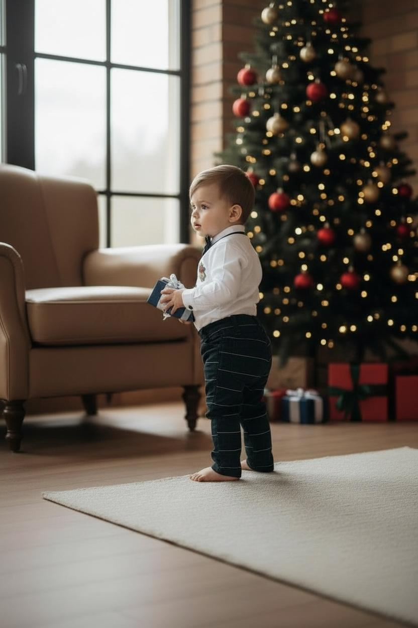 Yeni Yıl Çan Nakışlı Erkek Bebek Takım – Ekose Pantolon & Gömlek Papyon Takım Set