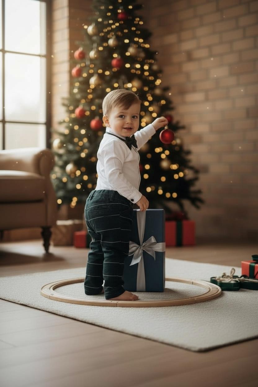 Yeni Yıl Çan Nakışlı Erkek Bebek Takım – Ekose Pantolon & Gömlek Papyon Takım Set