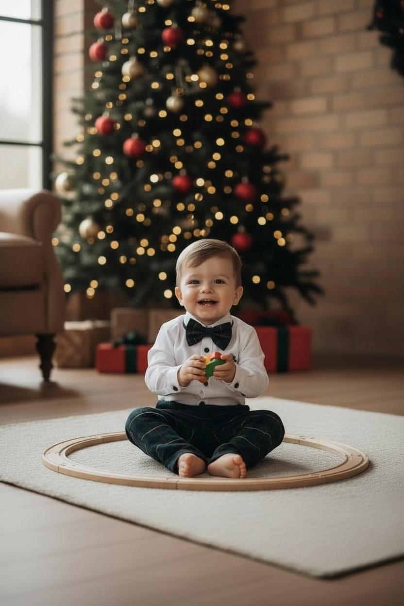 Yeni Yıl Çan Nakışlı Erkek Bebek Takım – Ekose Pantolon & Gömlek Papyon Takım Set