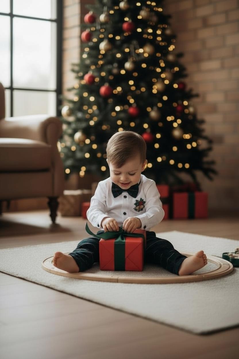 Yeni Yıl Çan Nakışlı Erkek Bebek Takım – Ekose Pantolon & Gömlek Papyon Takım Set