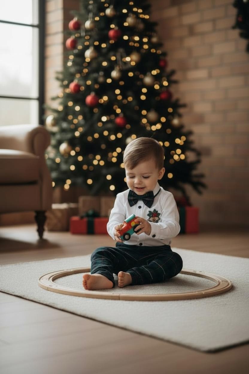 Yeni Yıl Çan Nakışlı Erkek Bebek Takım – Ekose Pantolon & Gömlek Papyon Takım Set