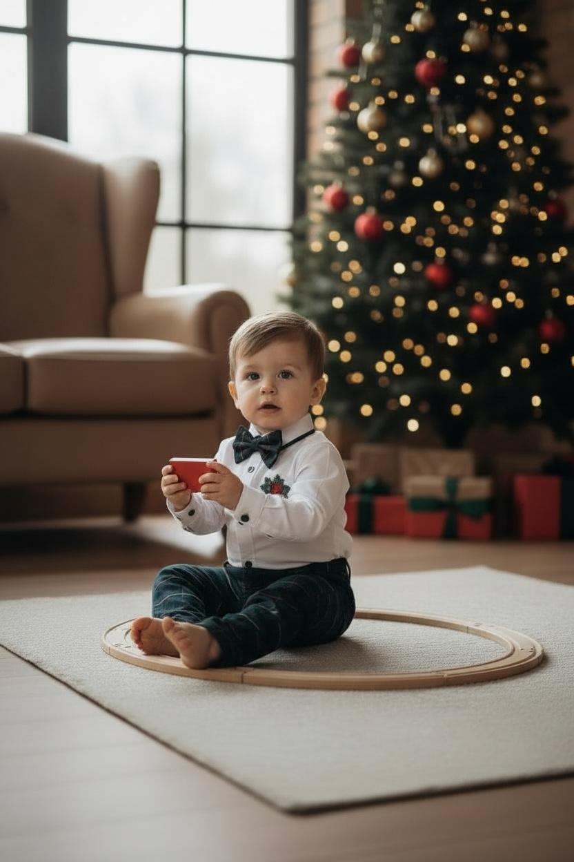 Yeni Yıl Çan Nakışlı Erkek Bebek Takım – Ekose Pantolon & Gömlek Papyon Takım Set