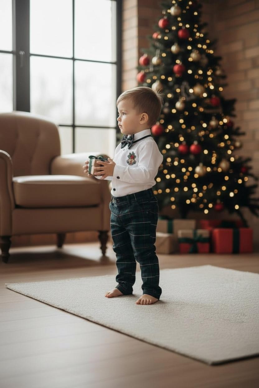 Yeni Yıl Çan Nakışlı Erkek Bebek Takım – Ekose Pantolon & Gömlek Papyon Takım Set