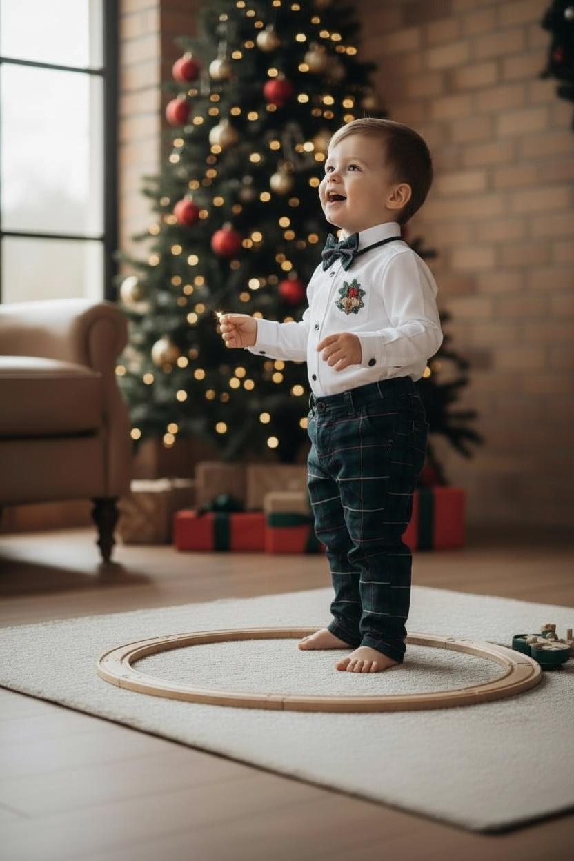 Yeni Yıl Çan Nakışlı Erkek Bebek Takım – Ekose Pantolon & Gömlek Papyon Takım Set