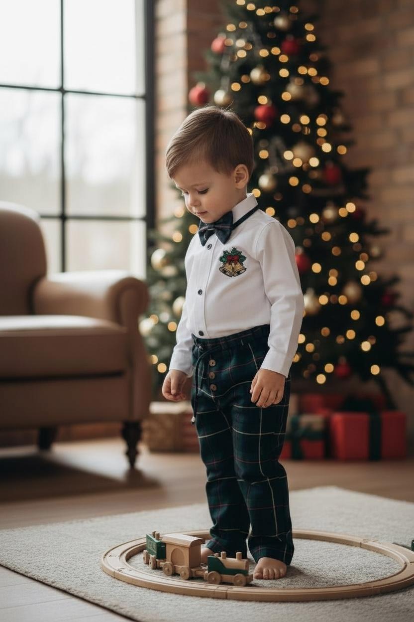 Yeni Yıl Çan Nakışlı Erkek Bebek Takım – Ekose Pantolon & Gömlek Papyon Takım Set