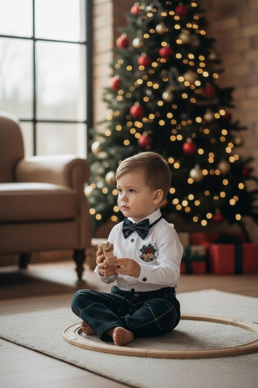 Yeni Yıl Çan Nakışlı Erkek Bebek Takım – Ekose Pantolon & Gömlek Papyon Takım Set