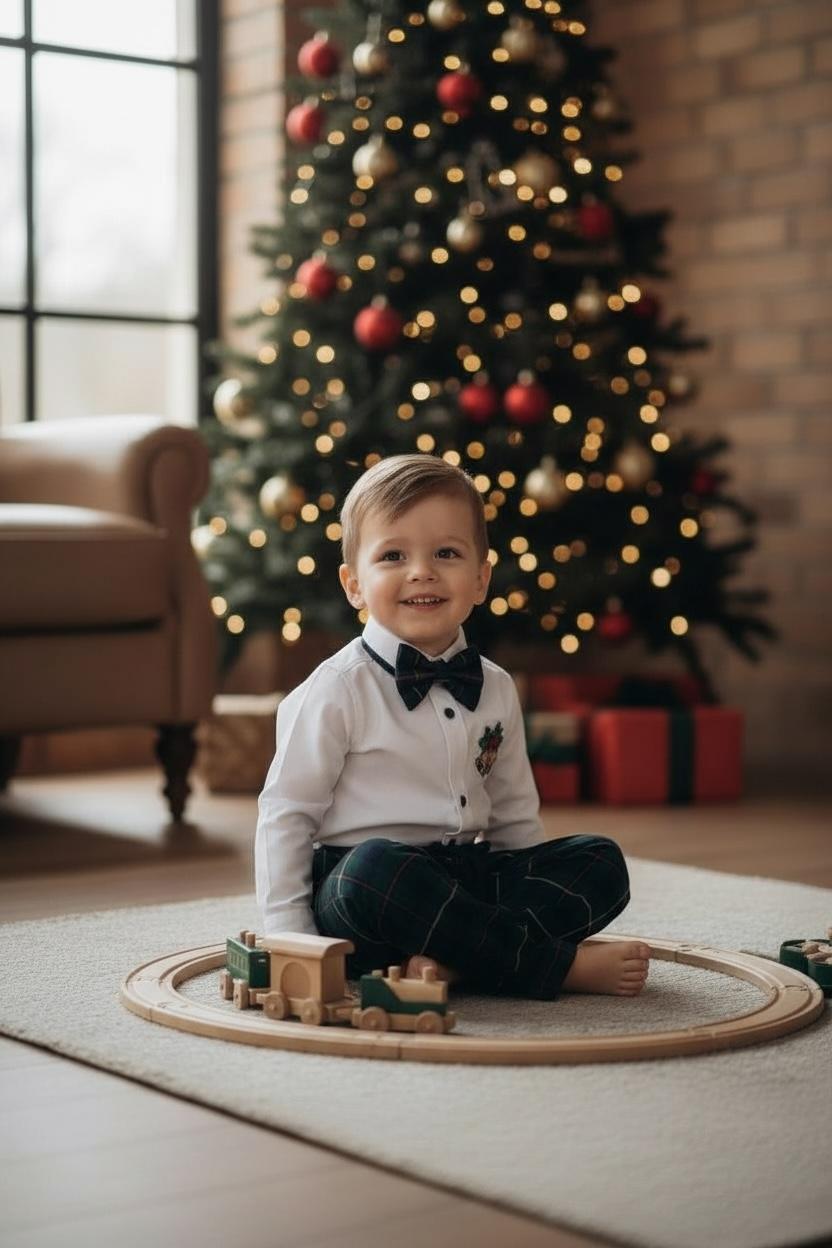 Yeni Yıl Çan Nakışlı Erkek Bebek Takım – Ekose Pantolon & Gömlek Papyon Takım Set