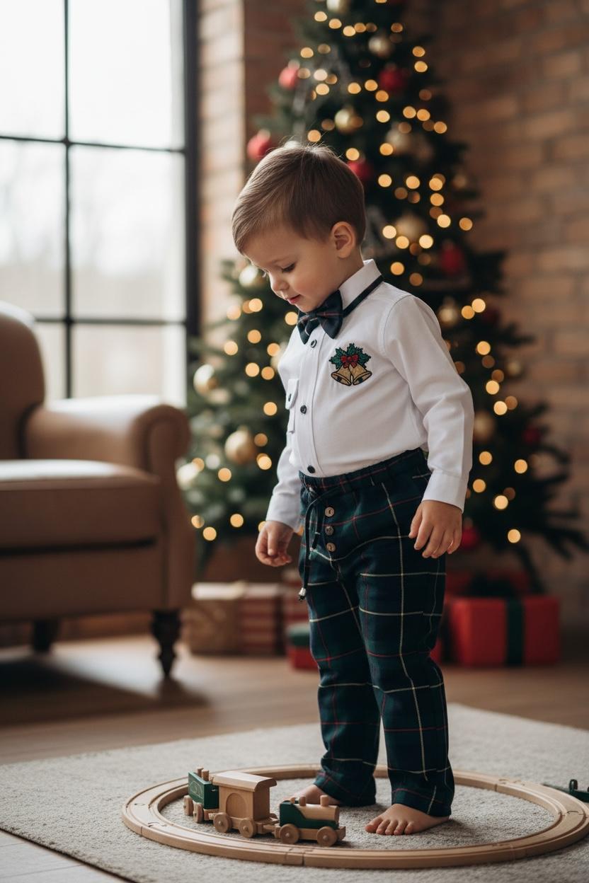 Yeni Yıl Çan Nakışlı Erkek Bebek Takım – Ekose Pantolon & Gömlek Papyon Takım Set