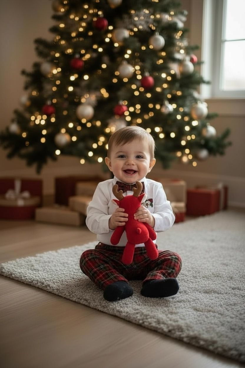 Noel Baba Nakışlı Erkek Bebek Yılbaşı Takımı – Ekose Pantolon &Gömlek Papyon