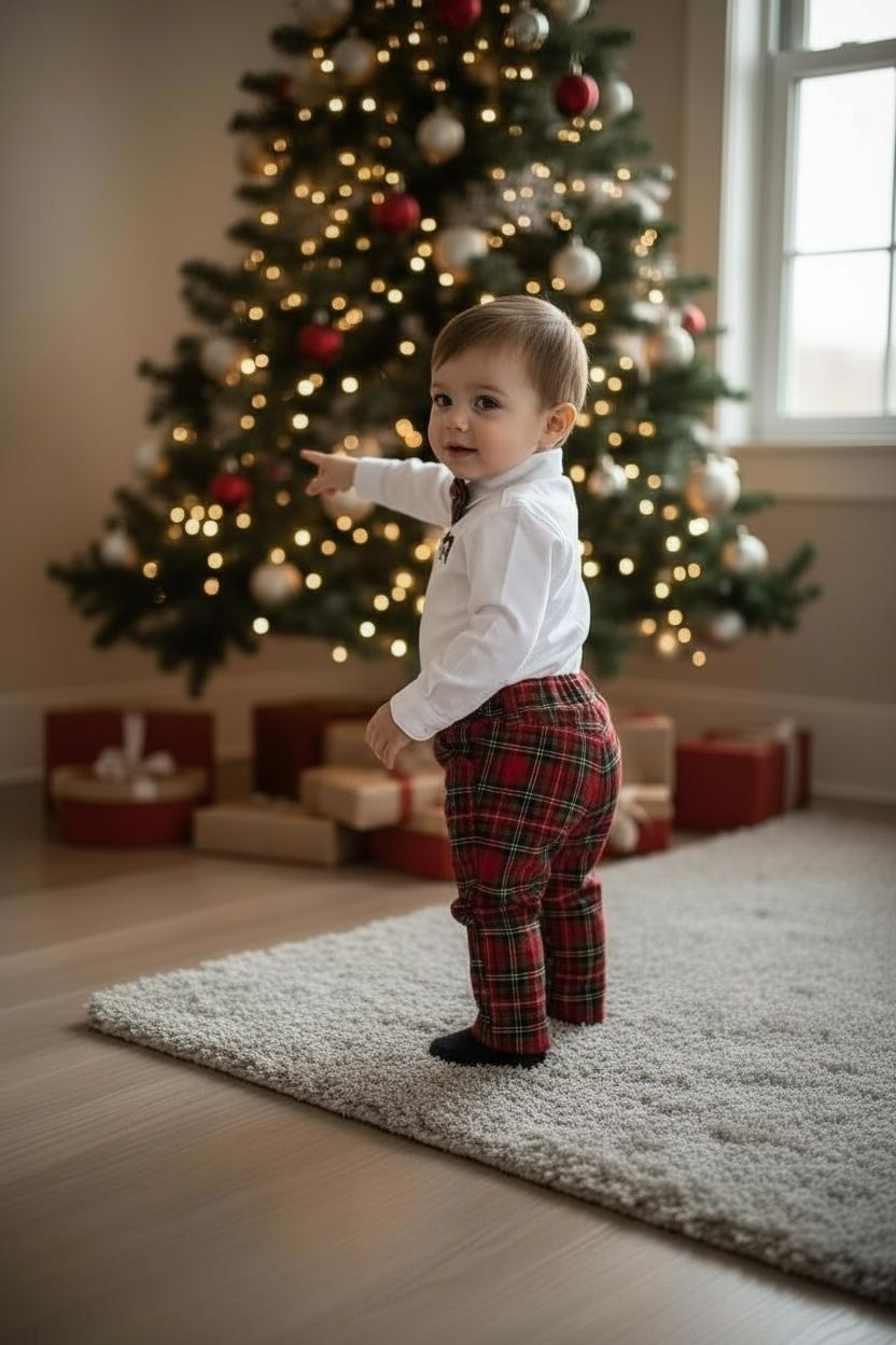 Noel Baba Nakışlı Erkek Bebek Yılbaşı Takımı – Ekose Pantolon &Gömlek Papyon