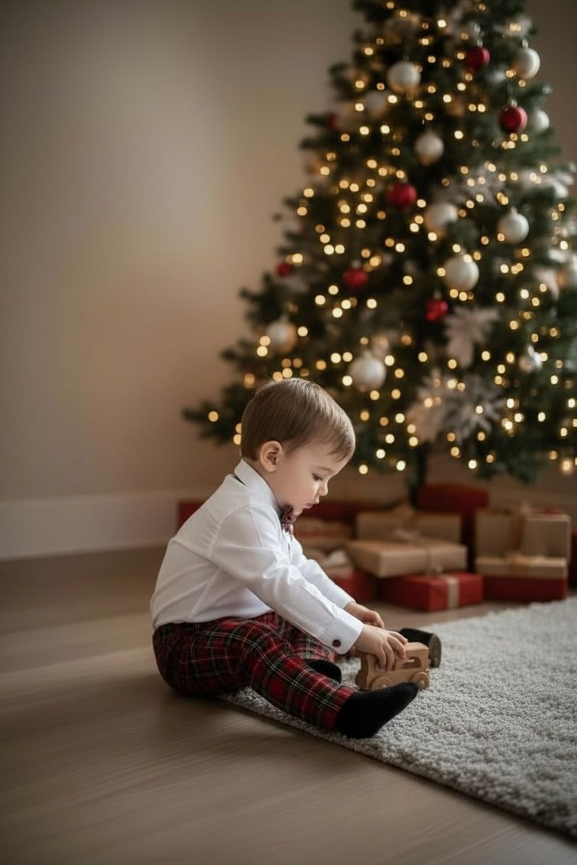 Noel Baba Nakışlı Erkek Bebek Yılbaşı Takımı – Ekose Pantolon &Gömlek Papyon