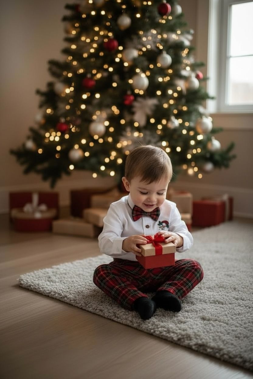 Noel Baba Nakışlı Erkek Bebek Yılbaşı Takımı – Ekose Pantolon &Gömlek Papyon