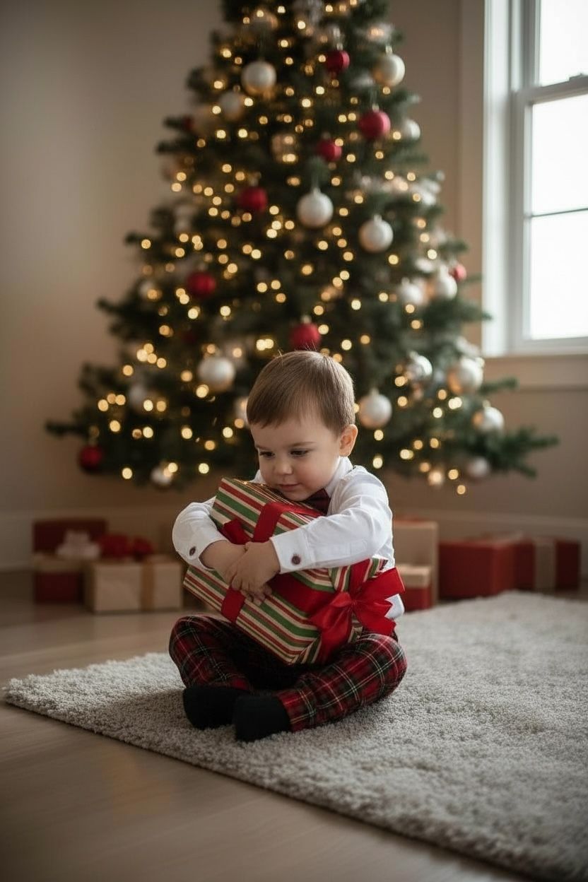 Noel Baba Nakışlı Erkek Bebek Yılbaşı Takımı – Ekose Pantolon &Gömlek Papyon