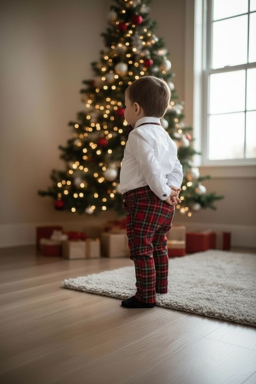 Noel Baba Nakışlı Erkek Bebek Yılbaşı Takımı – Ekose Pantolon &Gömlek Papyon