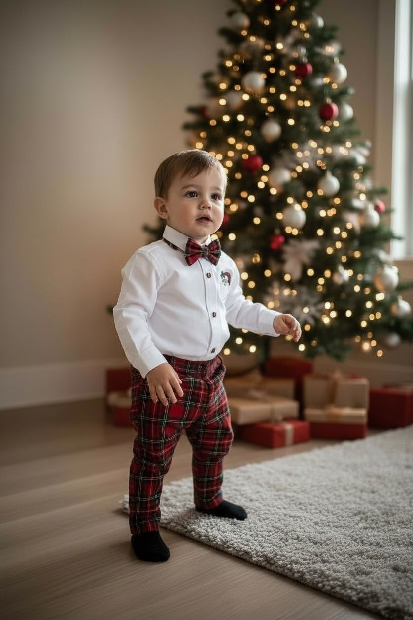 Noel Baba Nakışlı Erkek Bebek Yılbaşı Takımı – Ekose Pantolon &Gömlek Papyon