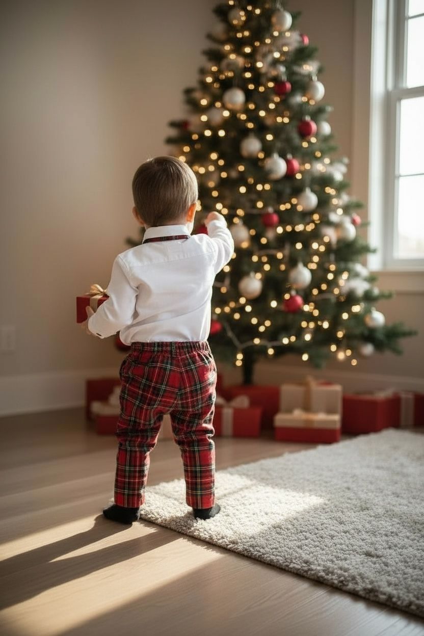 Noel Baba Nakışlı Erkek Bebek Yılbaşı Takımı – Ekose Pantolon &Gömlek Papyon