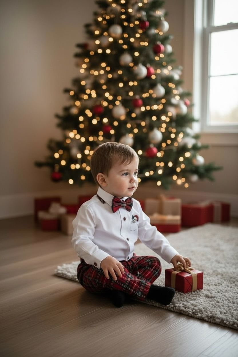 Noel Baba Nakışlı Erkek Bebek Yılbaşı Takımı – Ekose Pantolon &Gömlek Papyon